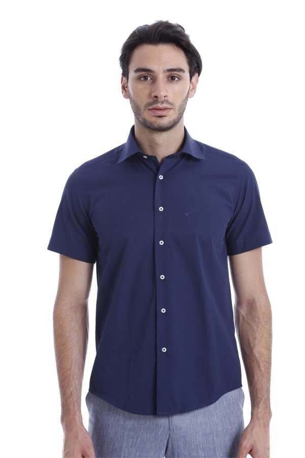 Short Sleeve Poly Cotton Slim Fit Navy Blue Men Shirt - Wessi