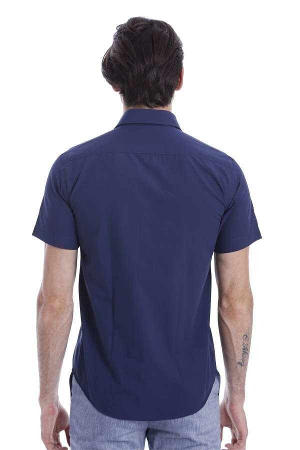 Short Sleeve Poly Cotton Slim Fit Navy Blue Men Shirt - Wessi