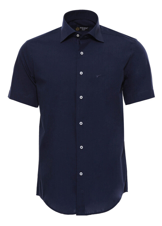 Short Sleeve Poly Cotton Slim Fit Navy Blue Men Shirt - Wessi