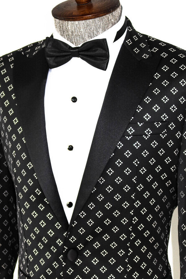 Silver Diamond Pattern Over Black Men Prom Blazer - Wessi