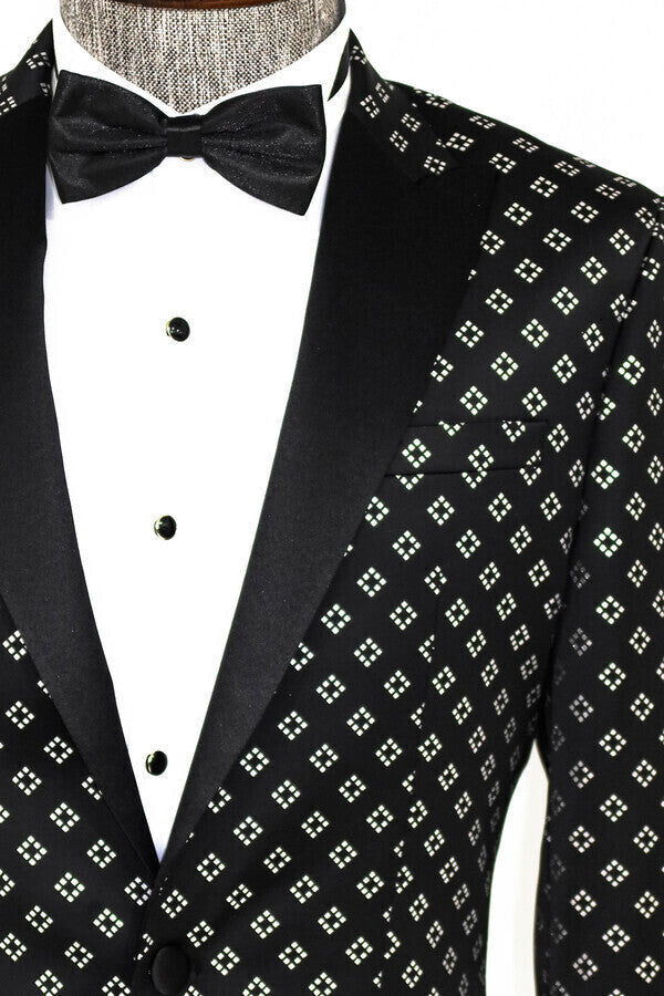 Blazer de fiesta para hombre con estampado de diamantes plateados sobre negro - Wessi