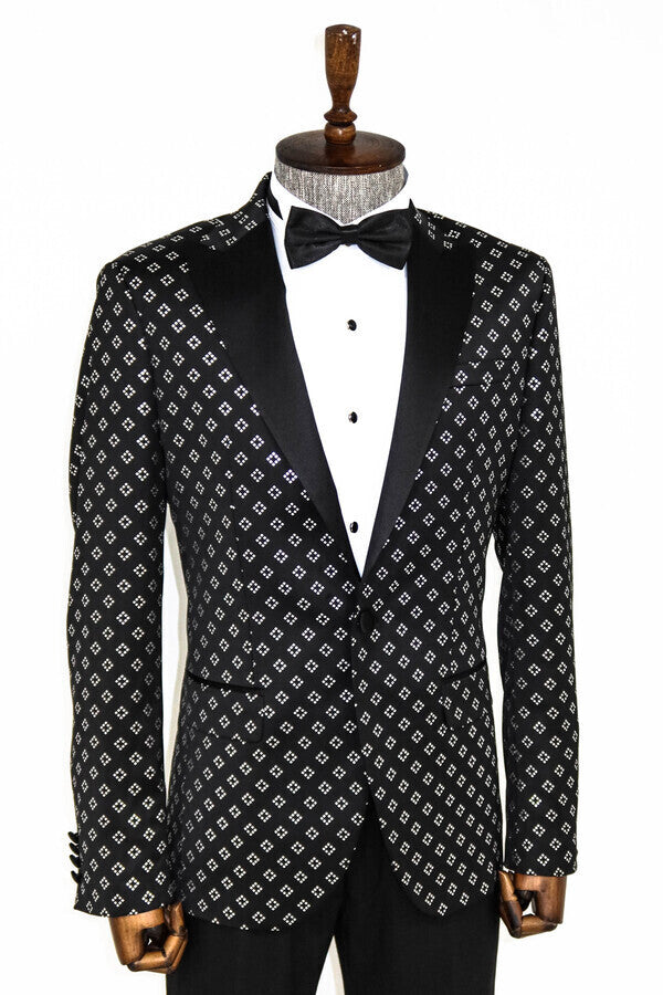 Blazer de fiesta para hombre con estampado de diamantes plateados sobre negro - Wessi