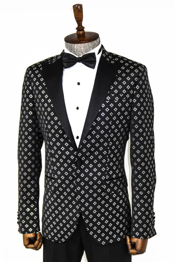 Silver Diamond Pattern Over Black Men Prom Blazer - Wessi