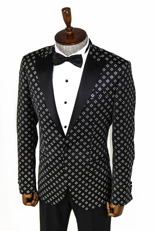 Blazer de fiesta para hombre con estampado de diamantes plateados sobre negro - Wessi