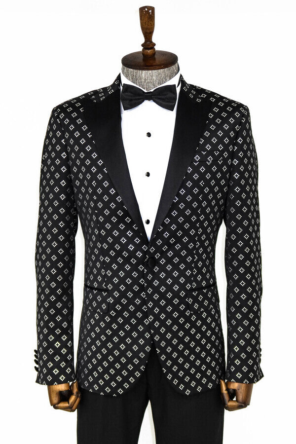 Blazer de fiesta para hombre con estampado de diamantes plateados sobre negro - Wessi