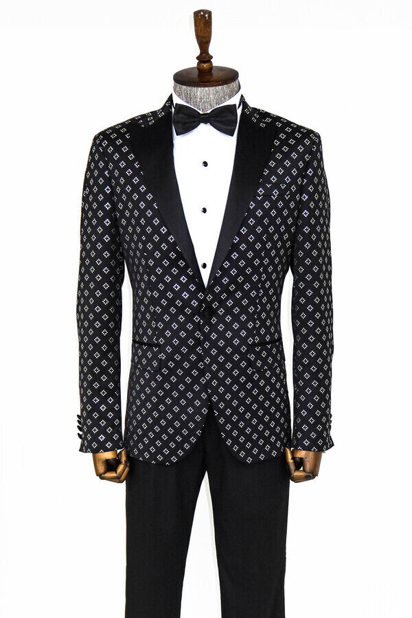 Silver Diamond Pattern Over Black Men Prom Blazer - Wessi