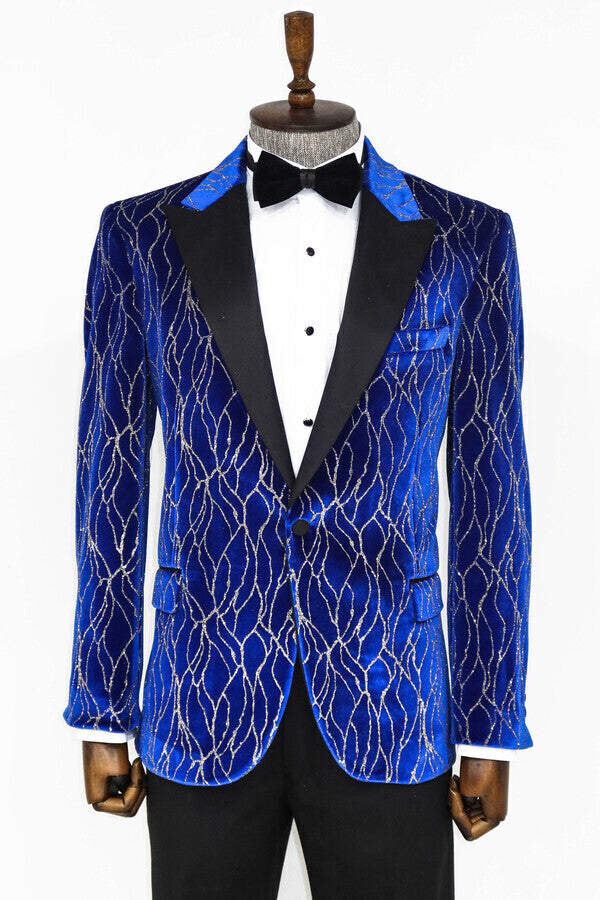 Silver Patterned Blue Men Prom Blazer - Wessi