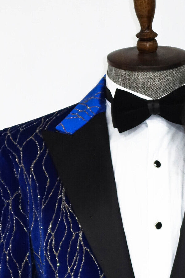 Silver Patterned Blue Men Prom Blazer - Wessi