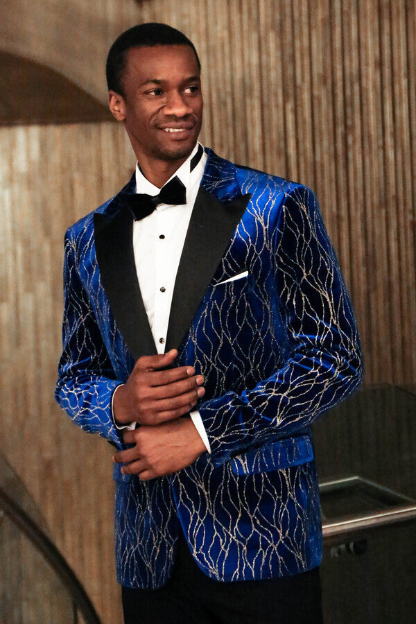 Silver Patterned Blue Men Prom Blazer - Wessi