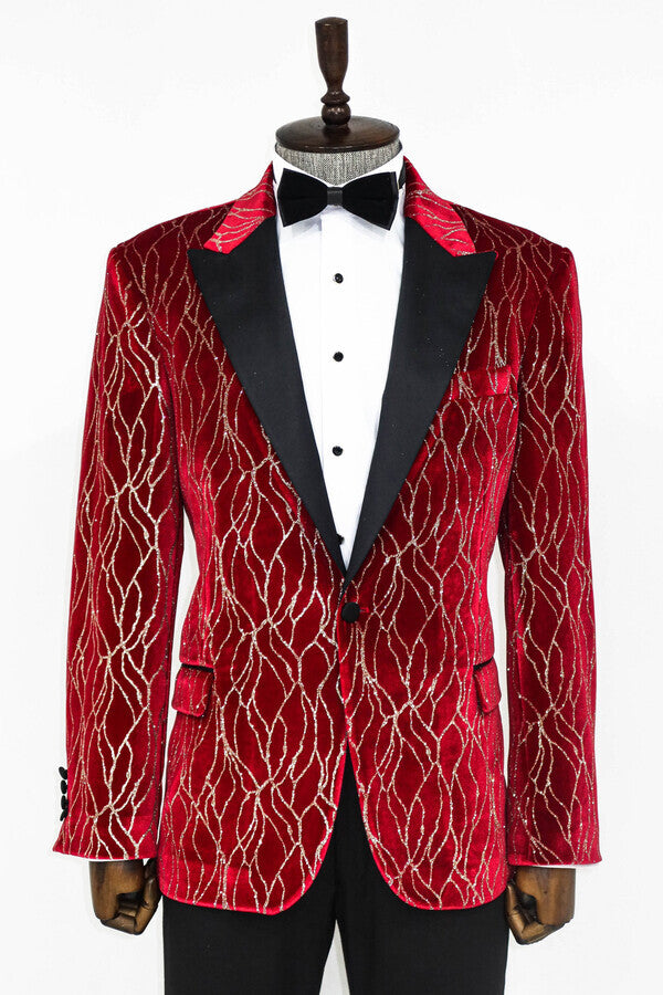 Silver Patterned Burgundy Men Prom Blazer - Wessi