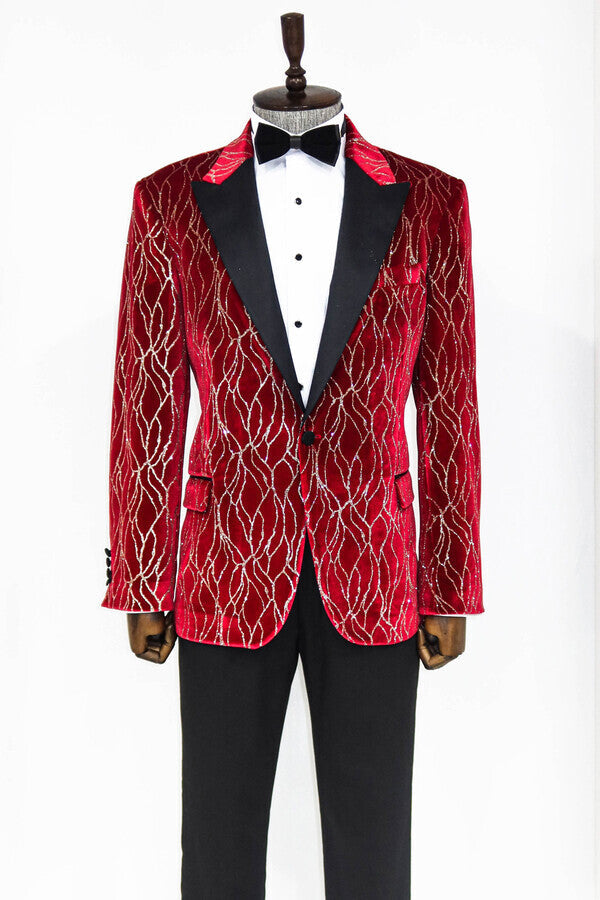 Silver Patterned Burgundy Men Prom Blazer - Wessi