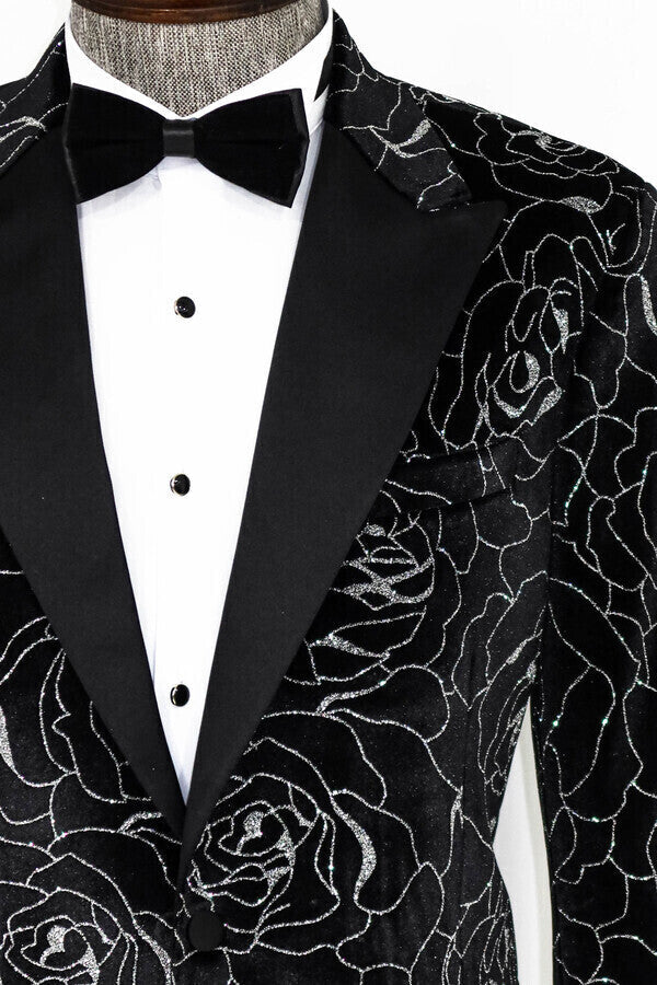 Silver Rose Patterned Over Black Men Prom Blazer - Wessi