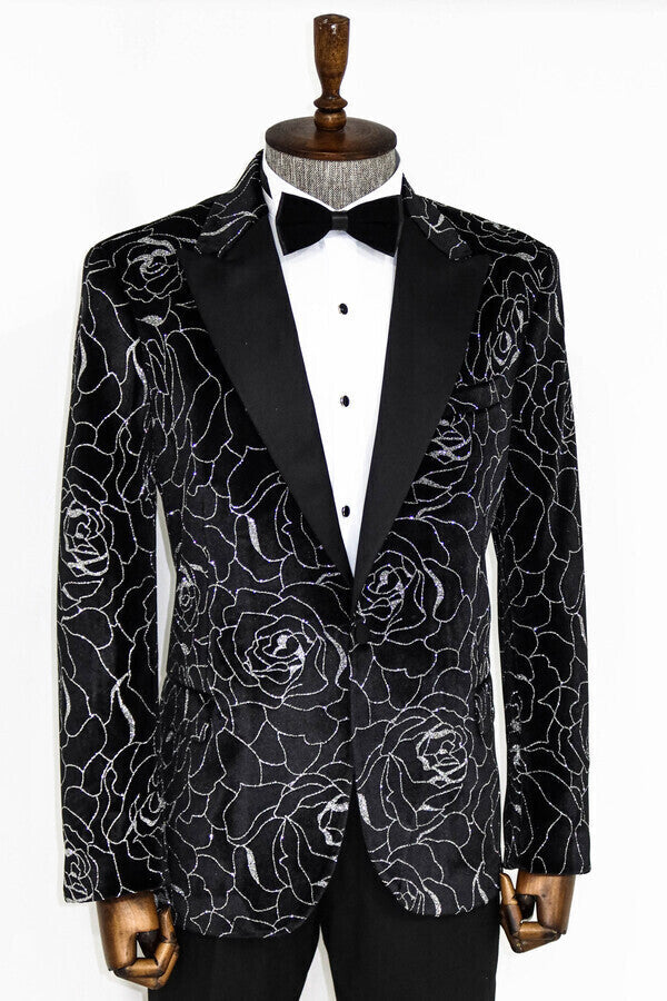 Silver Rose Patterned Over Black Men Prom Blazer - Wessi