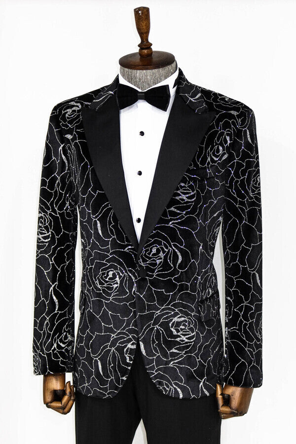 Blazer de fiesta para hombre con estampado de rosas plateadas sobre negro - Wessi