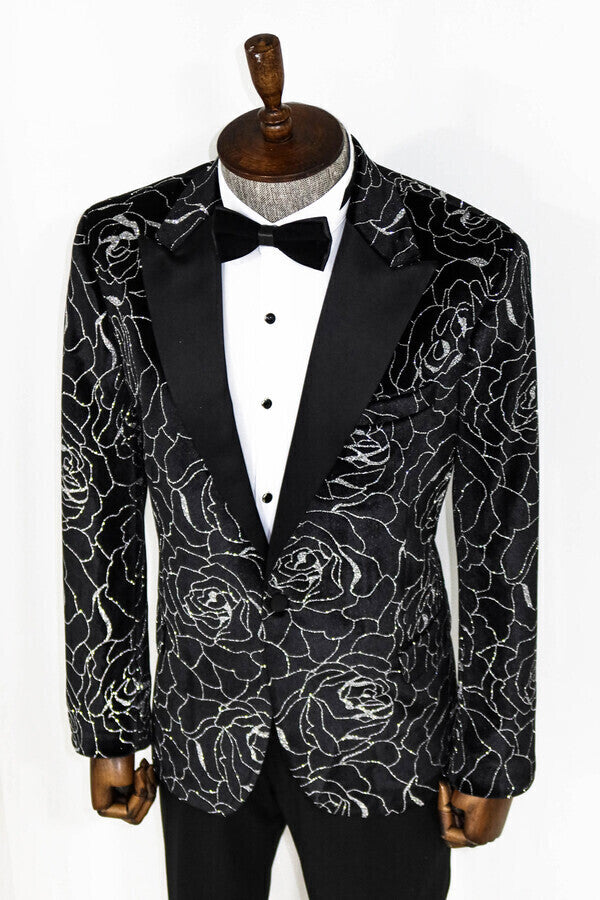 Blazer de fiesta para hombre con estampado de rosas plateadas sobre negro - Wessi