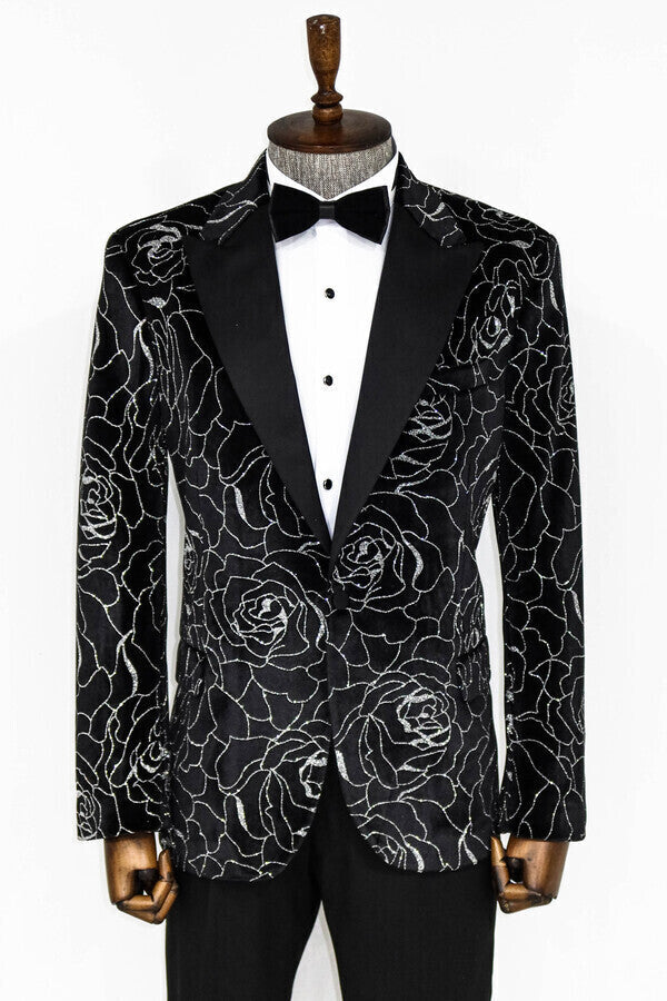 Silver Rose Patterned Over Black Men Prom Blazer - Wessi