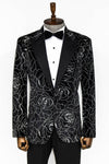 Blazer de fiesta para hombre con estampado de rosas plateadas sobre negro - Wessi