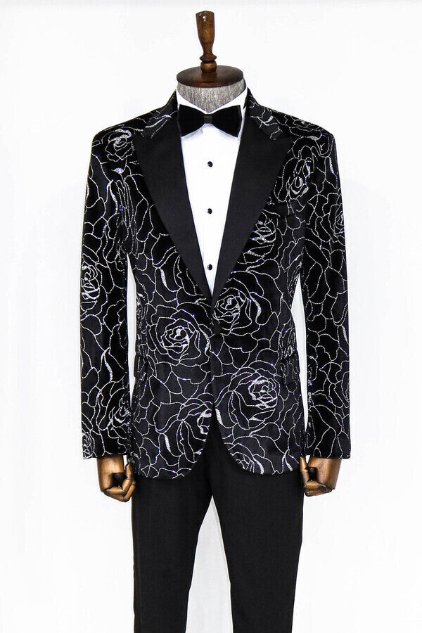 Blazer de fiesta para hombre con estampado de rosas plateadas sobre negro - Wessi