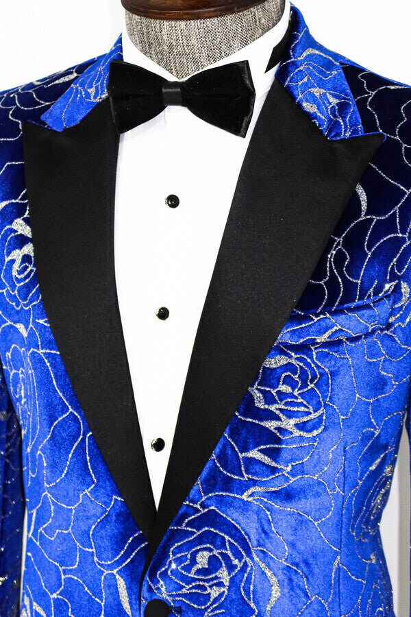 Blazer de fiesta para hombre con estampado de rosas plateadas sobre azul - Wessi