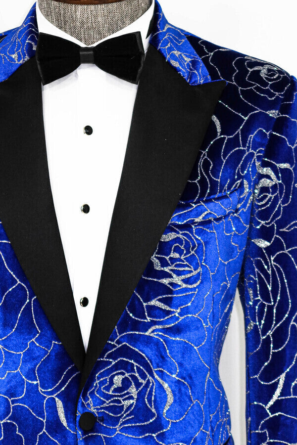 Silver Rose Patterned Over Blue Men Prom Blazer - Wessi