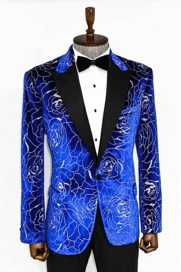 Silver Rose Patterned Over Blue Men Prom Blazer - Wessi