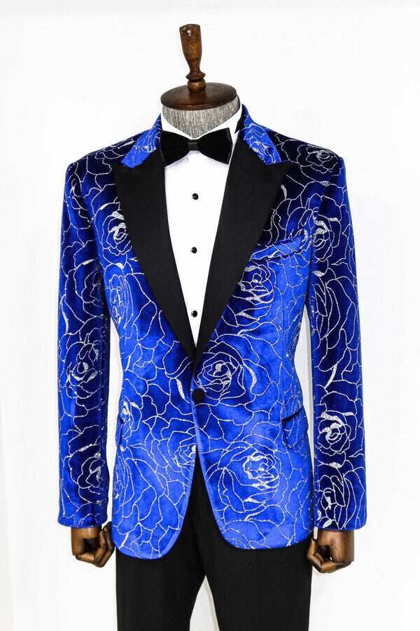 Silver Rose Patterned Over Blue Men Prom Blazer - Wessi