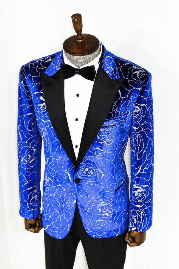 Blazer de fiesta para hombre con estampado de rosas plateadas sobre azul - Wessi