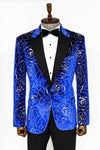 Silver Rose Patterned Over Blue Men Prom Blazer - Wessi