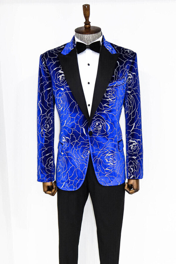 Blazer de fiesta para hombre con estampado de rosas plateadas sobre azul - Wessi