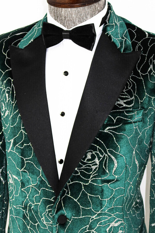 Silver Rose Patterned Over Green Men Prom Blazer - Wessi