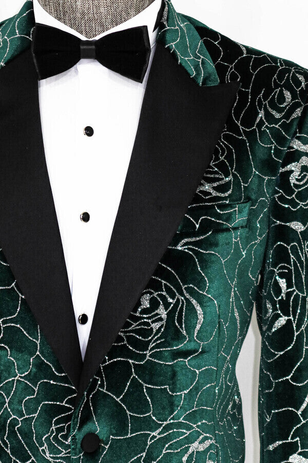 Blazer de fiesta para hombre con estampado de rosas plateadas sobre verde - Wessi