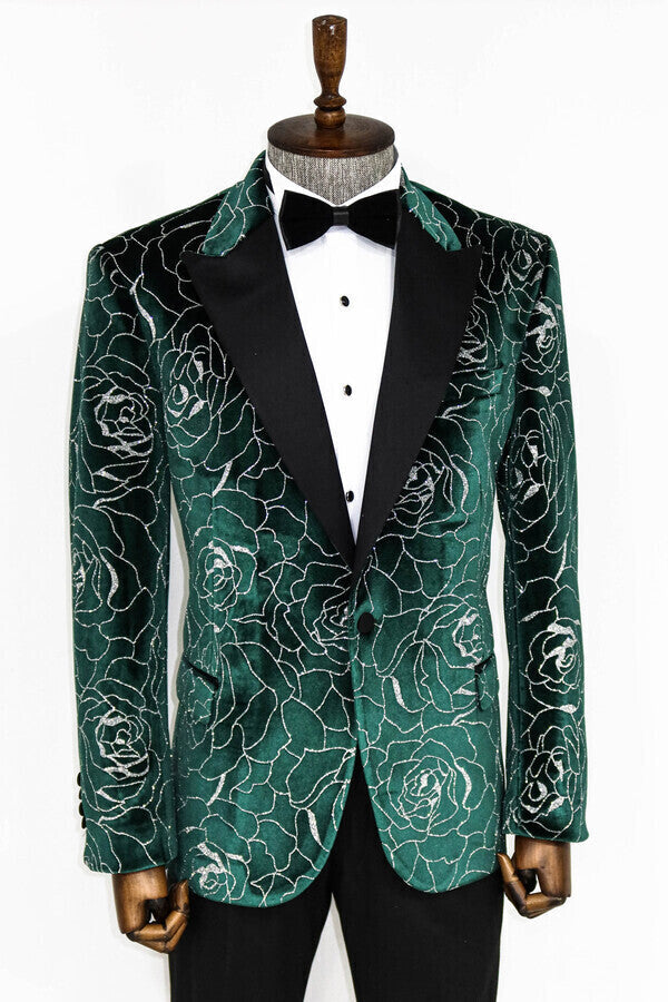 Blazer de fiesta para hombre con estampado de rosas plateadas sobre verde - Wessi