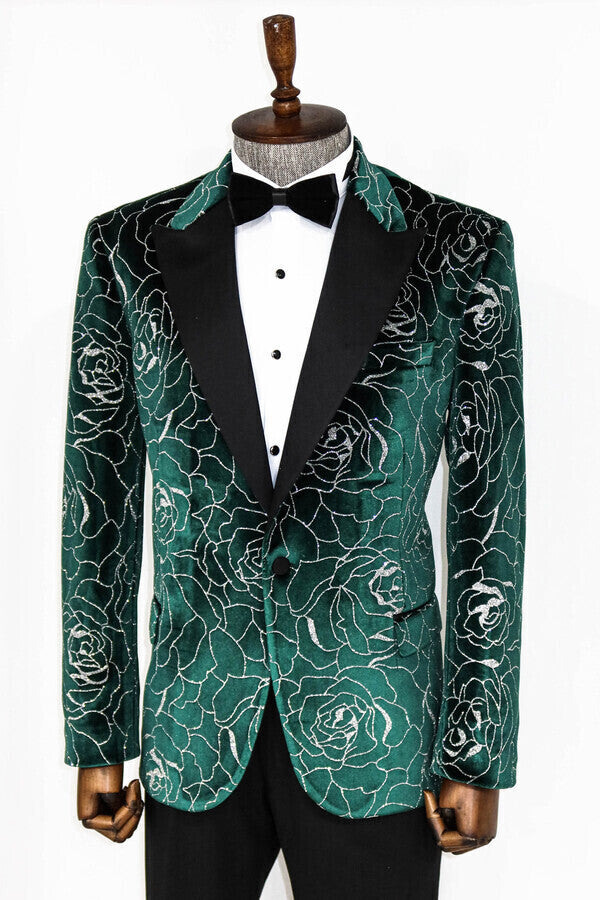 Silver Rose Patterned Over Green Men Prom Blazer - Wessi