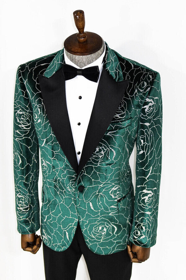 Silver Rose Patterned Over Green Men Prom Blazer - Wessi