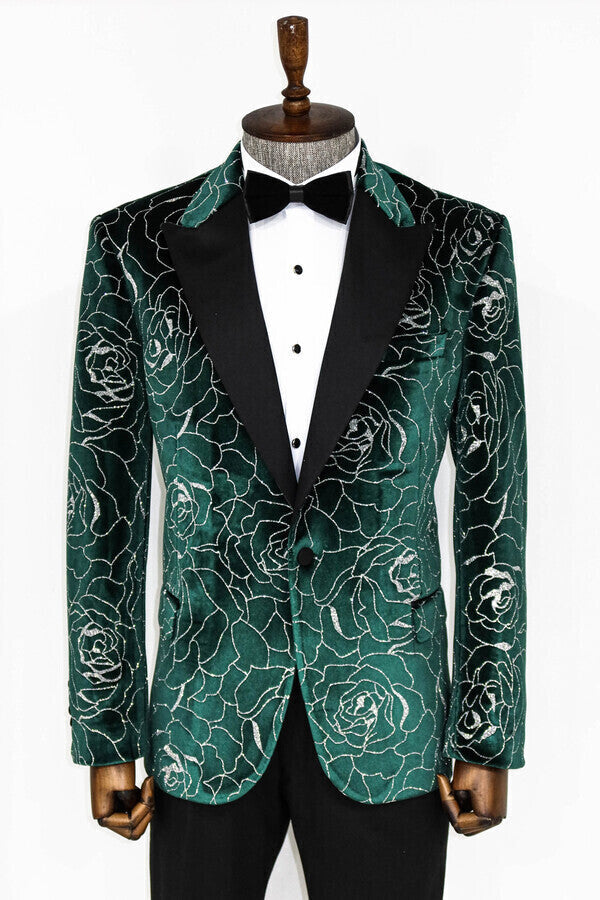 Blazer de fiesta para hombre con estampado de rosas plateadas sobre verde - Wessi