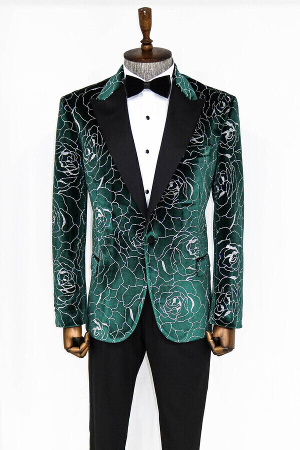 Blazer de fiesta para hombre con estampado de rosas plateadas sobre verde - Wessi