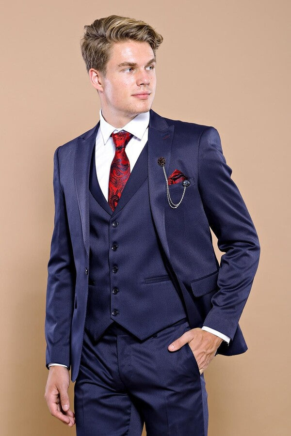 Single Button Dark Blue Vested Suit | Wessi