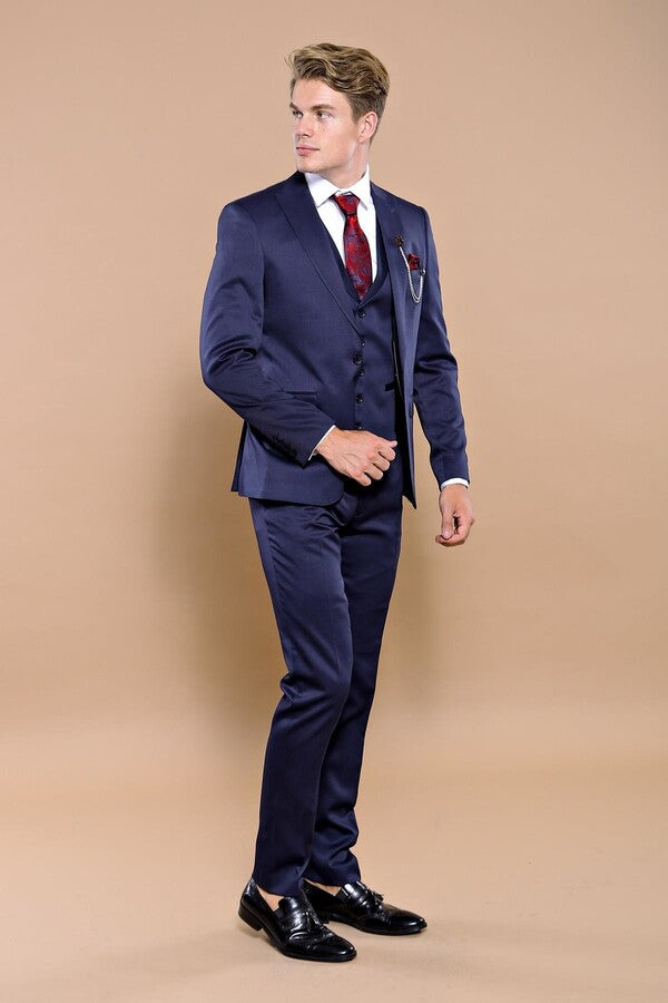 Single Button Dark Blue Vested Suit | Wessi