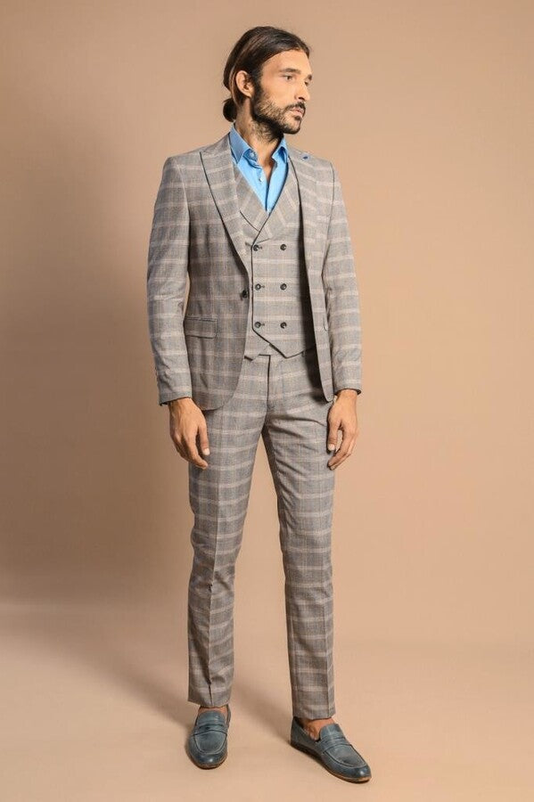 Single Button Peak Lapel 3-Piece Suit in Beige- Wessi