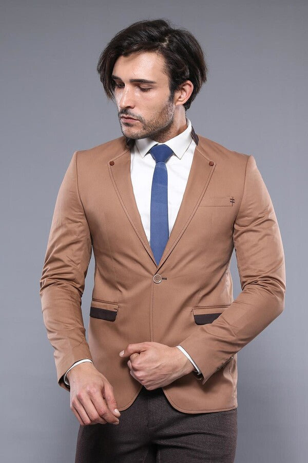 Blazer beige de cuello alto con un botón para hombre - Wessi