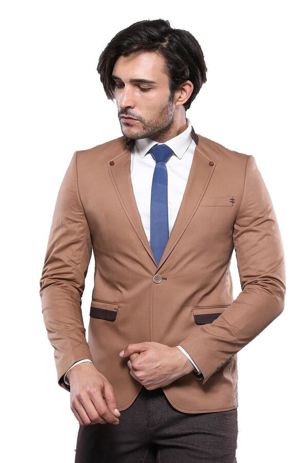 Single Button Standing Collar Beige Men Blazer - Wessi