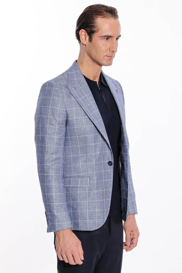 Single Button Wide Pointed Collar Blue Blazer - Wessi