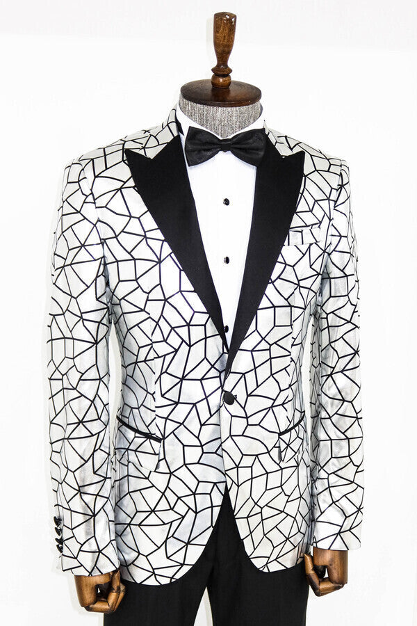 Slim Fit Black Patterned Grey Men Prom Blazer - Wessi