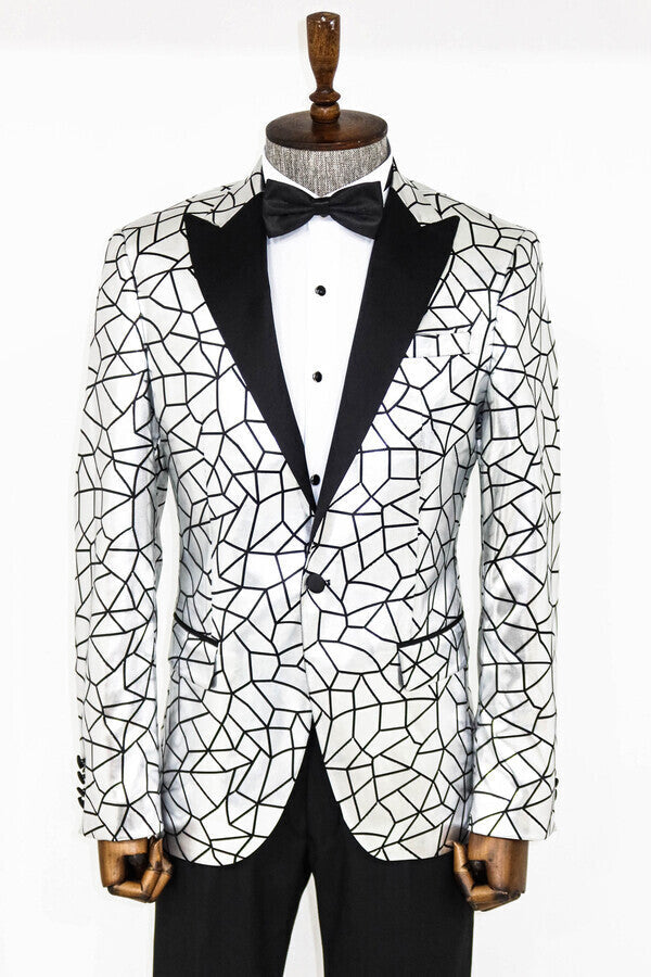 Slim Fit Black Patterned Grey Men Prom Blazer - Wessi