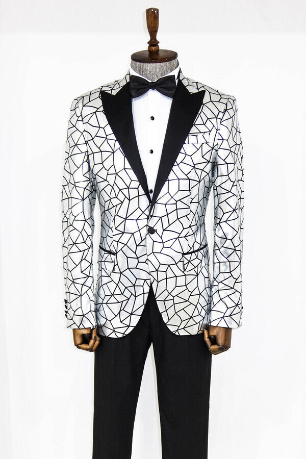 Blazer de fiesta para hombre gris con estampado negro y corte entallado - Wessi