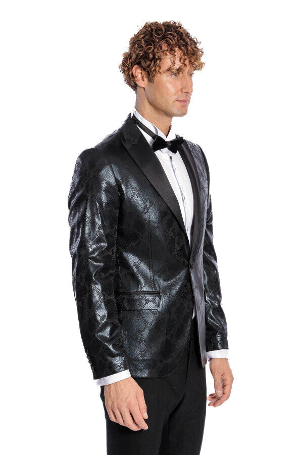 Patterned Slim Fit Black Men's Prom Blazer - Wessi