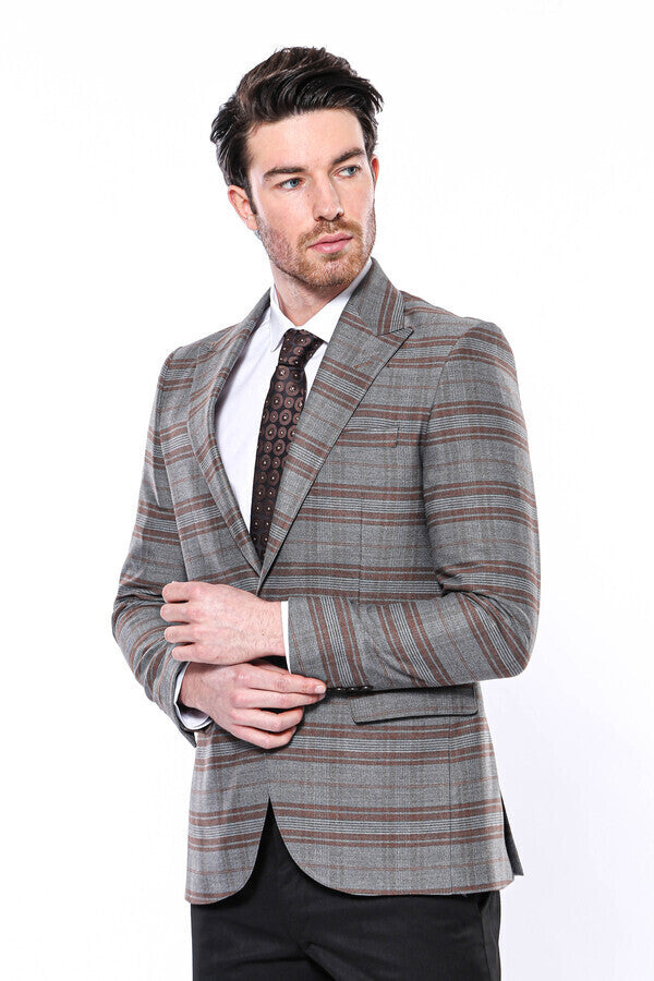 Checked Slim-Fit Brown Men Blazer - Wessi