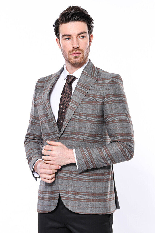 Checked Slim-Fit Brown Men Blazer - Wessi