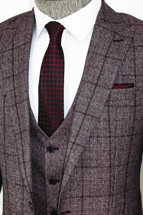 Slim Fit Checked Burgundy Men Suit - Wessi