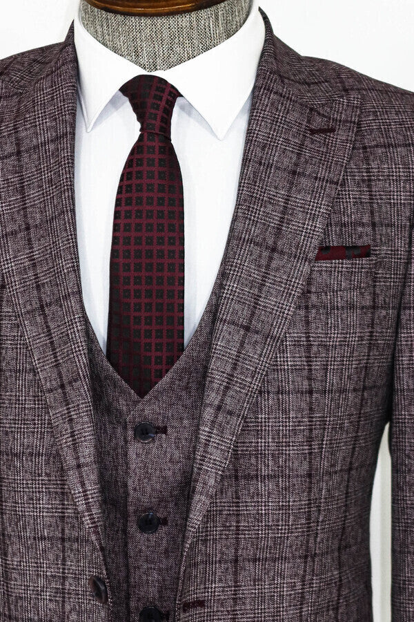 Slim Fit Checked Burgundy Men Suit - Wessi